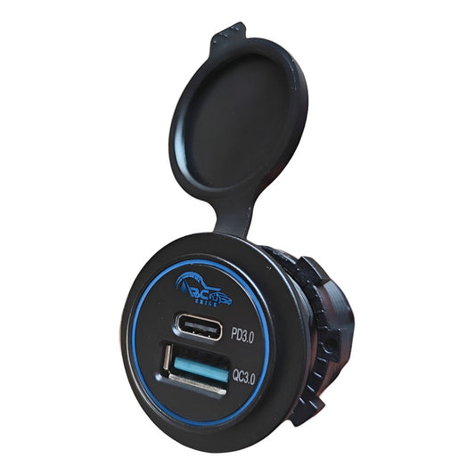 Cargador Auto R&c Chile 2 Puertos Usb/usb-c 18w/30w Carga Rápida 12/24v Negro Luz Azul 1862