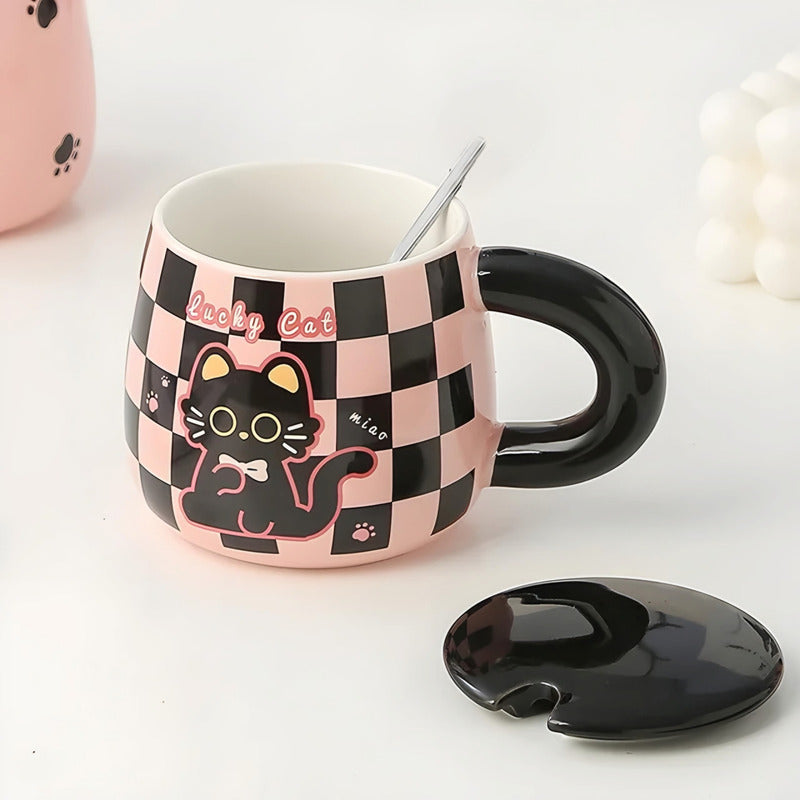 Tazón Kawaii Gato Y Conejo Mug Con Tapa Cuchara Taza Cartoon