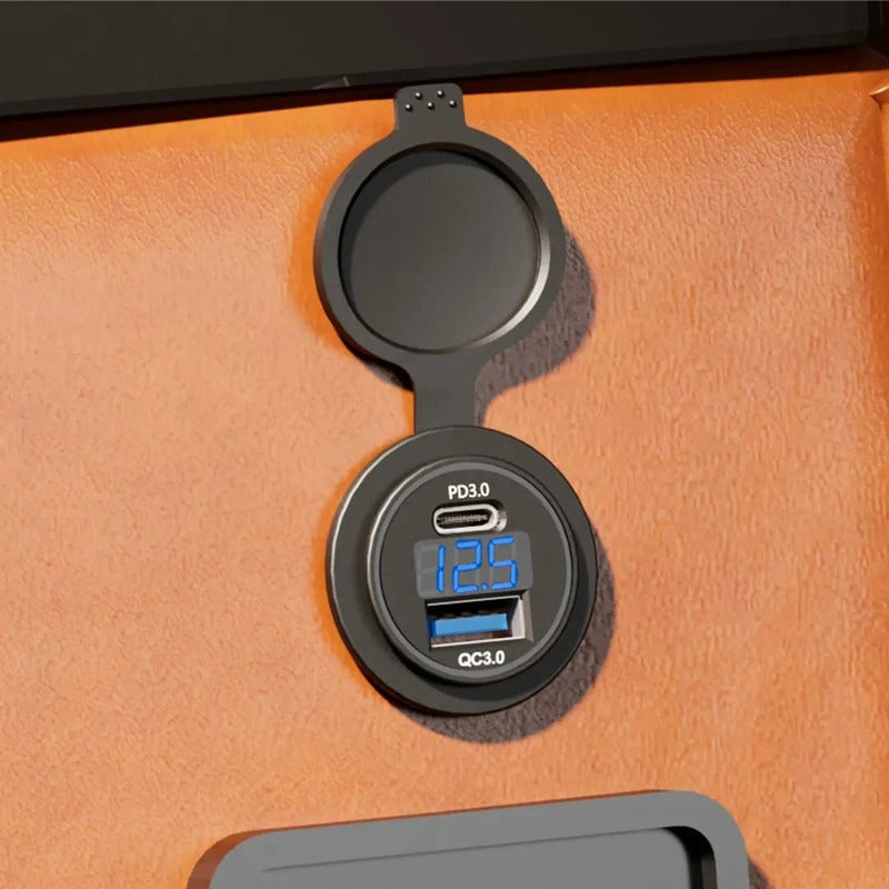 Cargador Auto R&c Chile Doble Usb-c 18w 30w Rápido Con Voltímetro 12-24v Negro