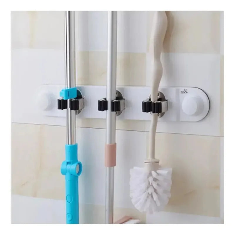 Organizador De Pared 3 Escoba Mopa Trapero Ventosa Fuerte Blanco