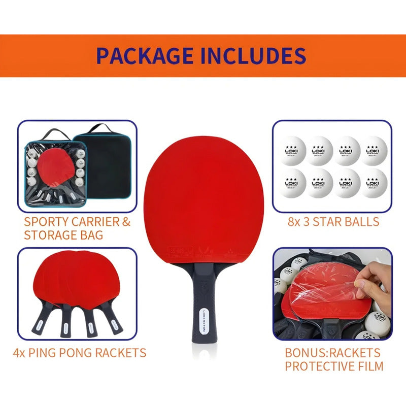 Set Ping Pong 4 Paletas + 8pelotas +estuche Kit Tenis Mesa Rojo/negro Fl (cóncavo)