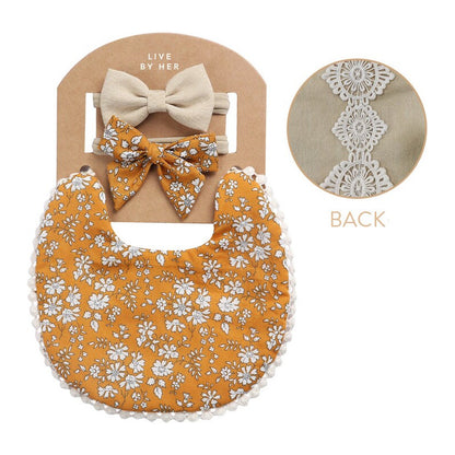 Set Babero + 2 Cintillo Diadema Color Nude Reversible Encaje