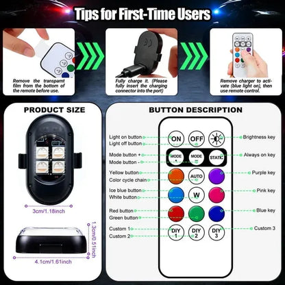 Kit 4 Luces Led Rgb Para Auto Recargables Con Control Tuning