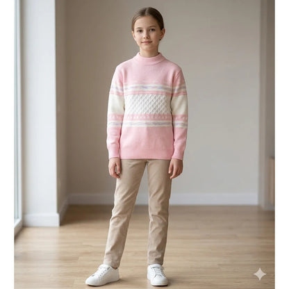 Sweater De Niña Tejido Polerón Teen Cuello Alto Sueter T8-16 Rosa 736 Trenzado 140