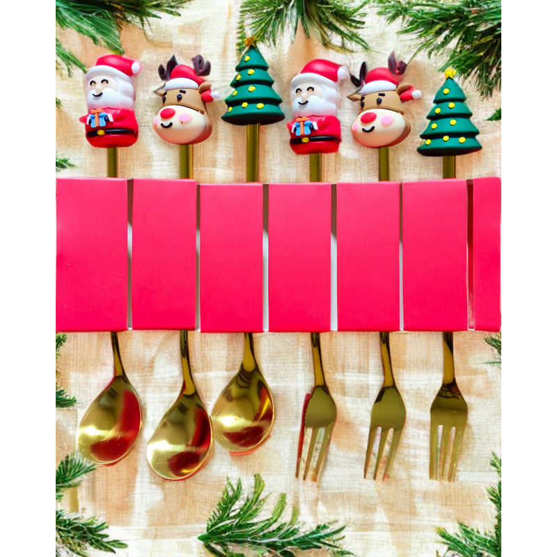 X6 Set Servicios Navideños Cuchara Tenedor Decoración Navida