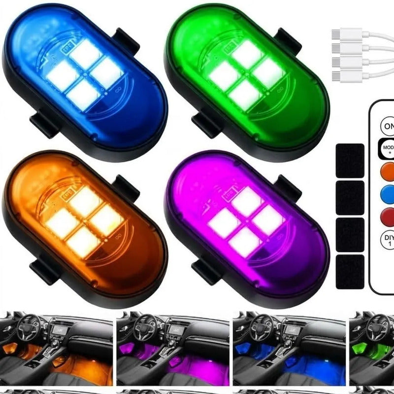 Kit 4 Luces Led Rgb Para Auto Recargables Con Control Tuning