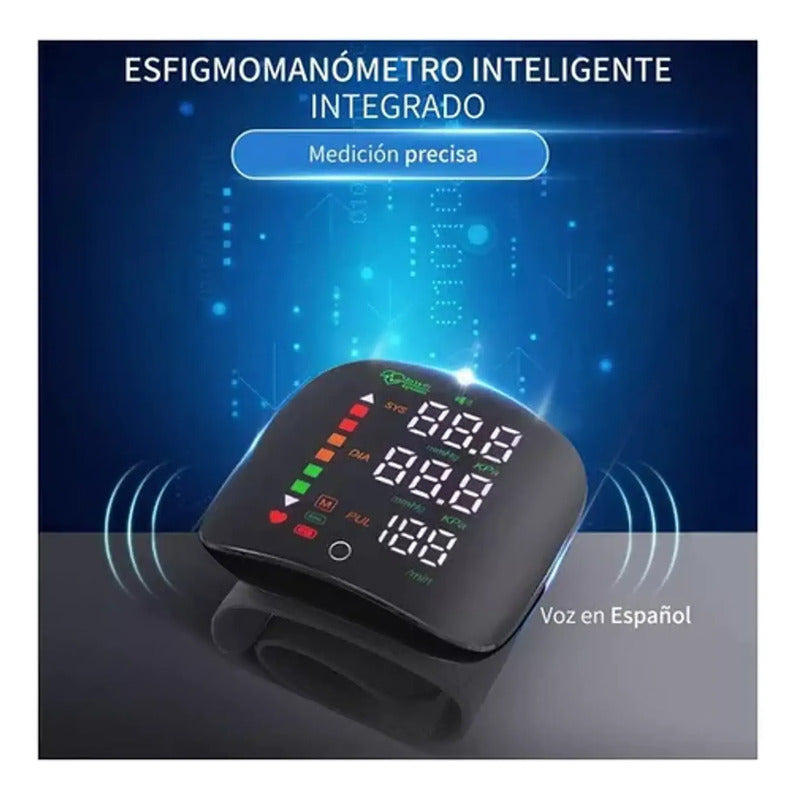 Toma Presión Arterial Digital De Muñeca Con Voz Pantalla Led Negro Gl70096