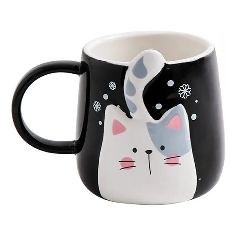 Tazón De Cerámica Gato Kawaii Con Cola 400ml Taza Cat Lovers Negro Mk-223 B
