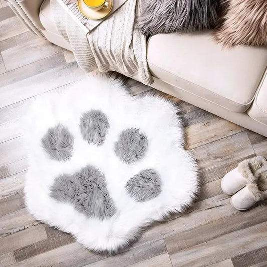 Alfombra Peluda Huella De Gato Kawaii Suave Piel Sintética 85 Cm 80 Cm Blanco Gris
