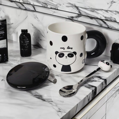 Tazón Oso Panda Taza Kawaii Con Tapa Y Cuchara 400ml / Ryc