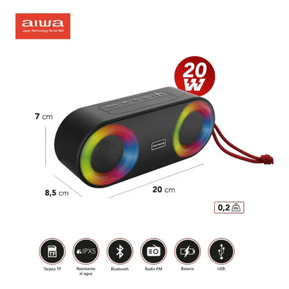 Parlante Portátil Bluetooth Aiwa 20w Ipx5 Radio Fm Aw-sj215 Negro