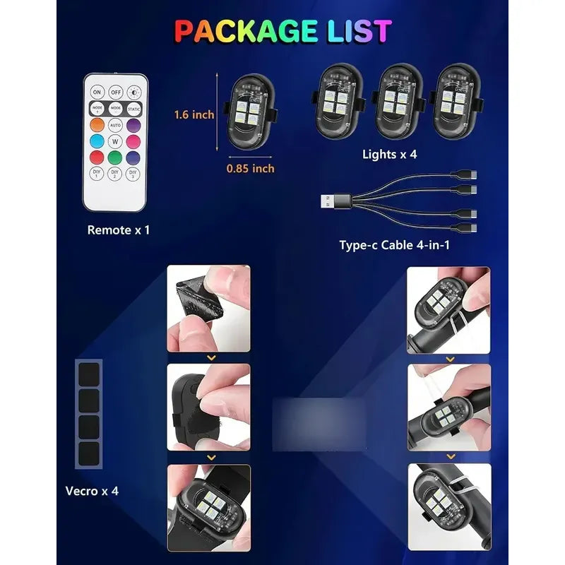 Kit 4 Luces Led Rgb Para Auto Recargables Con Control Tuning