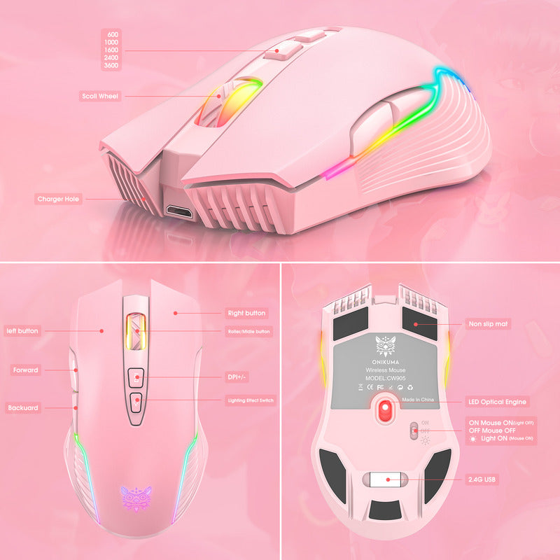 Mouse Gamer Inalambrico Onikuma 7 Botones 3600dpi Rgb Cw905