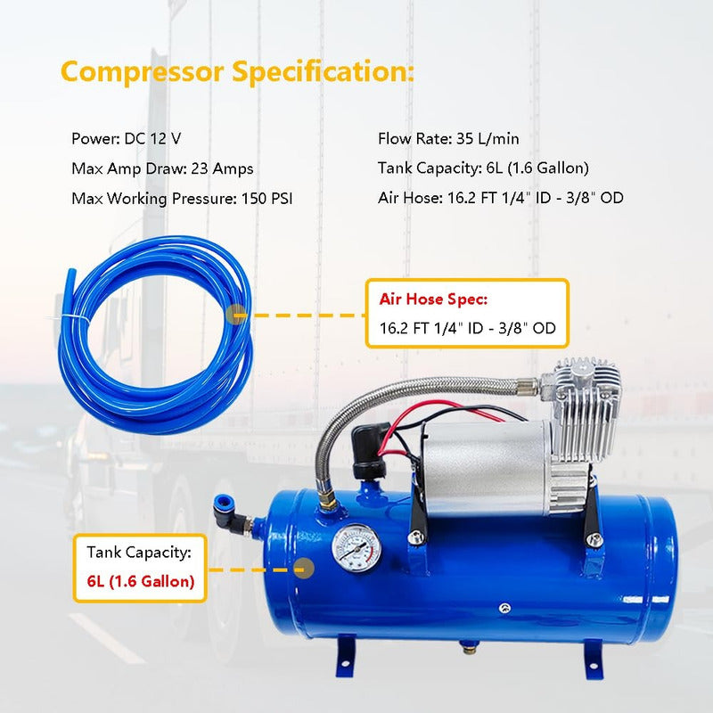 Compresor De Aire Auto 12v 150psi 6litros Bocina Neumático