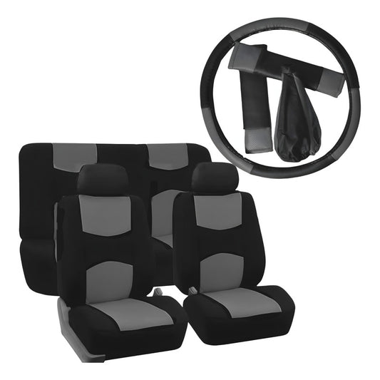 Set Cubre Asiento Ecocuero Volante Cinturón Palanca Gris 12p