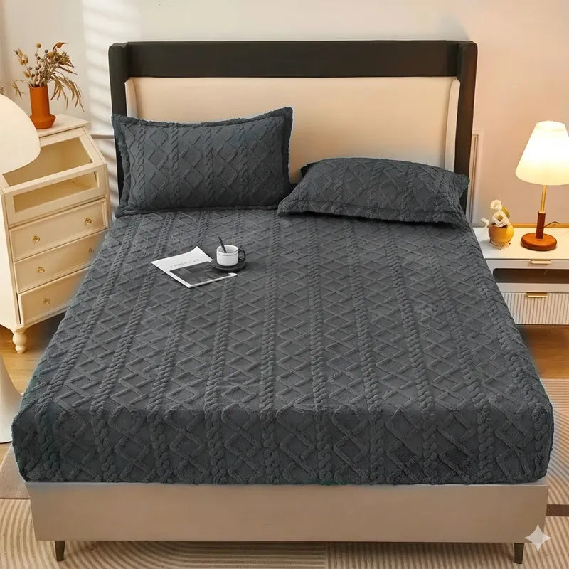 Set Sábana Cubre Colchón De Chiporro 2 Plazas Invierno Suave Gris Oscuro Mod5 Trenzado