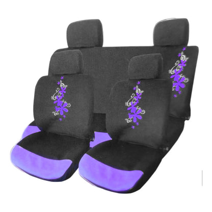 Funda Cubre Asiento Negro Flores Bordada 8pcs Auto Universal