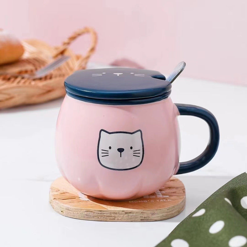 X4 Taza Calabaza Diseño Gato Kawaii Con Tapa Y Cuchara Mk134 Rosa, Azul Marino Y Blanco Calabaza