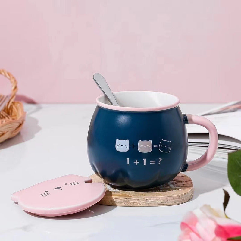 X4 Taza Calabaza Diseño Gato Kawaii Con Tapa Y Cuchara Mk134 Rosa, Azul Marino Y Blanco Calabaza