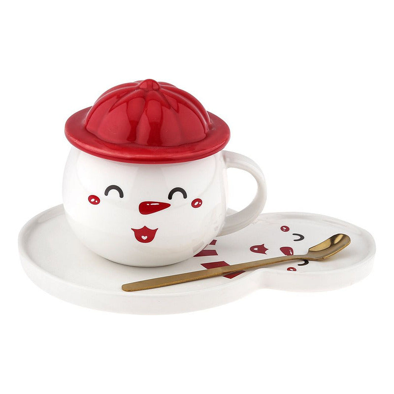 Taza Muñeco D Nieve + Plato Tapa Cuchara Navidad Snowman Color Rojo Muñeco De Nieve 2264