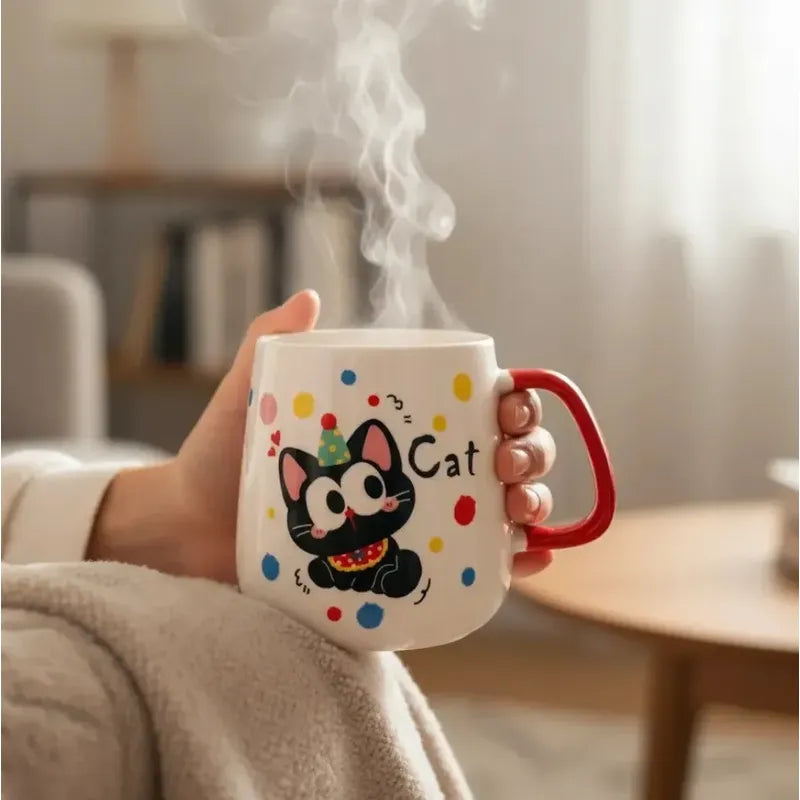 Tazón De Cerámica Gato Kawaii Con Rojo Taza Café Té Cat Cute Blanco Rojo Mk120 A Gorrito