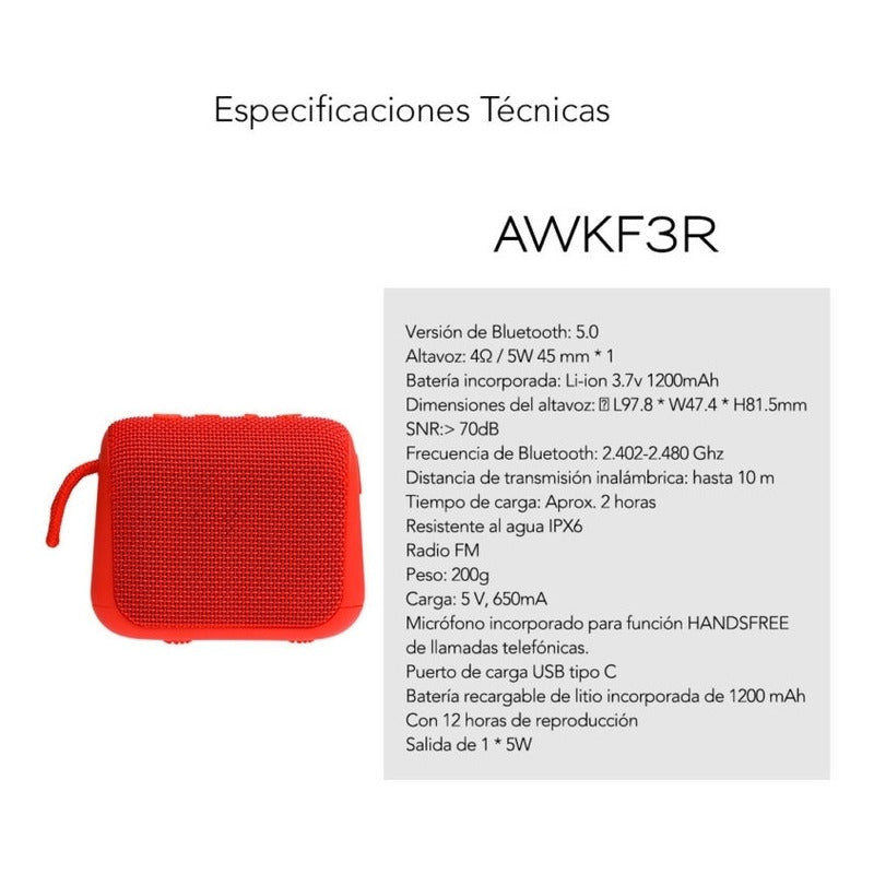 Parlante Aiwa Portátil Impermeable Awkf3r Bluetooth Recarga Rojo