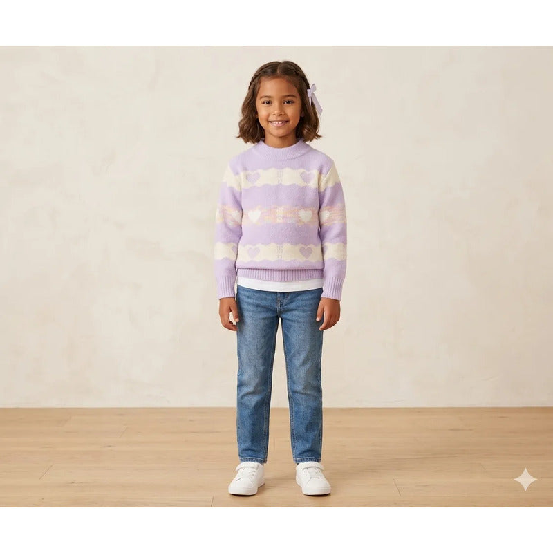 Sweater De Niña Tejido Cuello Alto Suéter Caliente Polerón Lila 211 Corazones 110