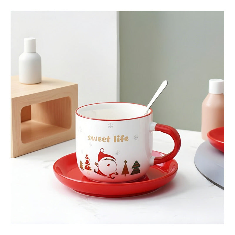 Taza De Navidad Con Plato Y Cuchara Taza Té Cafe Santa Claus