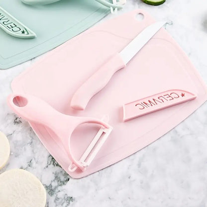 Set Cuchillo + Pelador De Cerámica De Frutas Verdura + Tabla