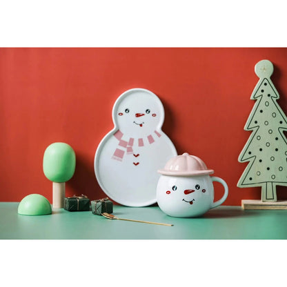 Set Taza Muñeco D Nieve + Plato Tapa Cuchara Navidad Snowman