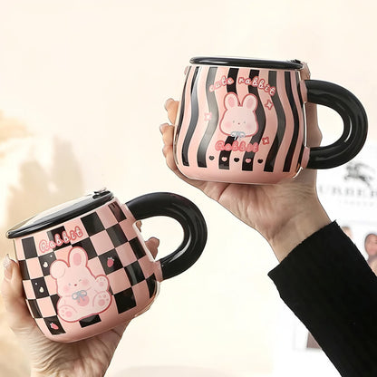 Tazón Kawaii Gato Y Conejo Mug Con Tapa Cuchara Taza Cartoon