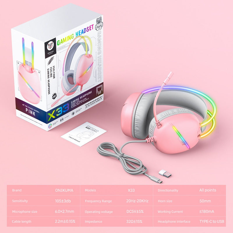Audifono Gamer Onikuma X33 Conexión Usb Y Tipo C Luz Rgb X33 Rosa