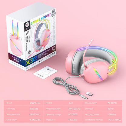 Audifono Gamer Onikuma X33 Conexión Usb Y Tipo C Luz Rgb X33 Rosa