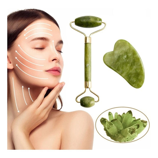 Rodillo Jade Masaje Facial Linfático + Piedra Gua Sha /r&c