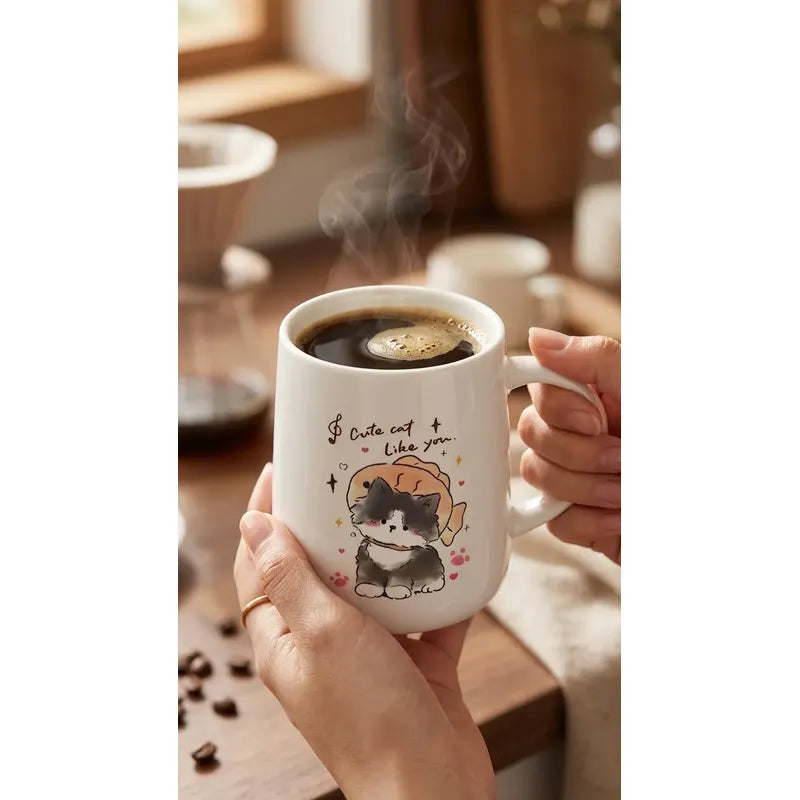 Tazón Cerámica Gatito Lindo Con Tapa Y Cuchara Kawaii Cute Blanco Mk-212 D