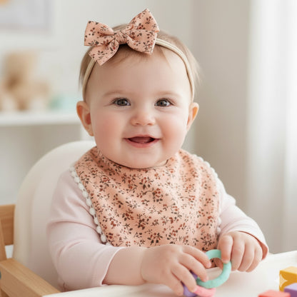 Set Babero + 2 Cintillo Diadema Color Nude Reversible Encaje