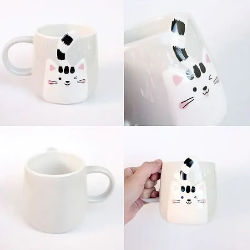 Tazón De Cerámica Gato Kawaii Con Cola 400ml Taza Cat Lovers Gris Mk-223 A