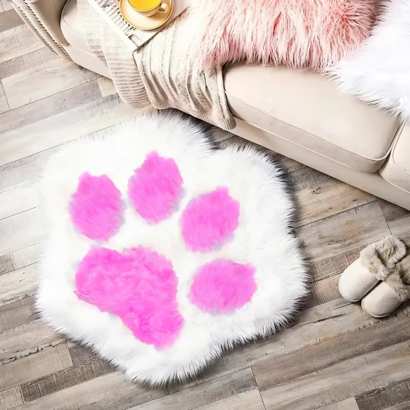 Alfombra Peluda Huella De Gato Kawaii Suave Piel Sintética 85 Cm 80 Cm Fucsia Blanco