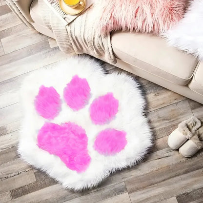 Alfombra Peluda Huella De Gato Kawaii Suave Piel Sintética 85 Cm 80 Cm Fucsia Blanco