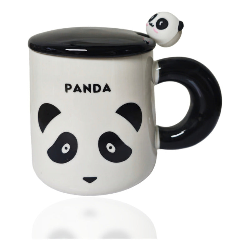 Tazón Oso Panda Taza Kawaii Con Tapa Y Cuchara 400ml / Ryc