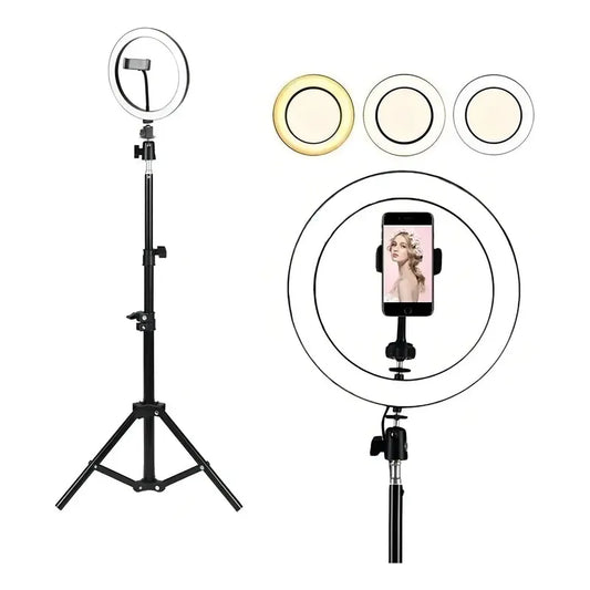 Aro De Luz Led Flash 26 Cm Fotografía Selfie Con Trípode 2mt Negro Led Blanco Frio / Blanco Calido