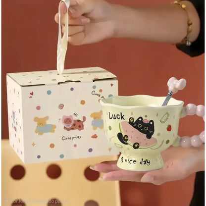 Tazón Cerámica Kawaii Mango Perlas Gato Cuchara Caja Regalo Crema Mk-01 Mod1 Nice Day