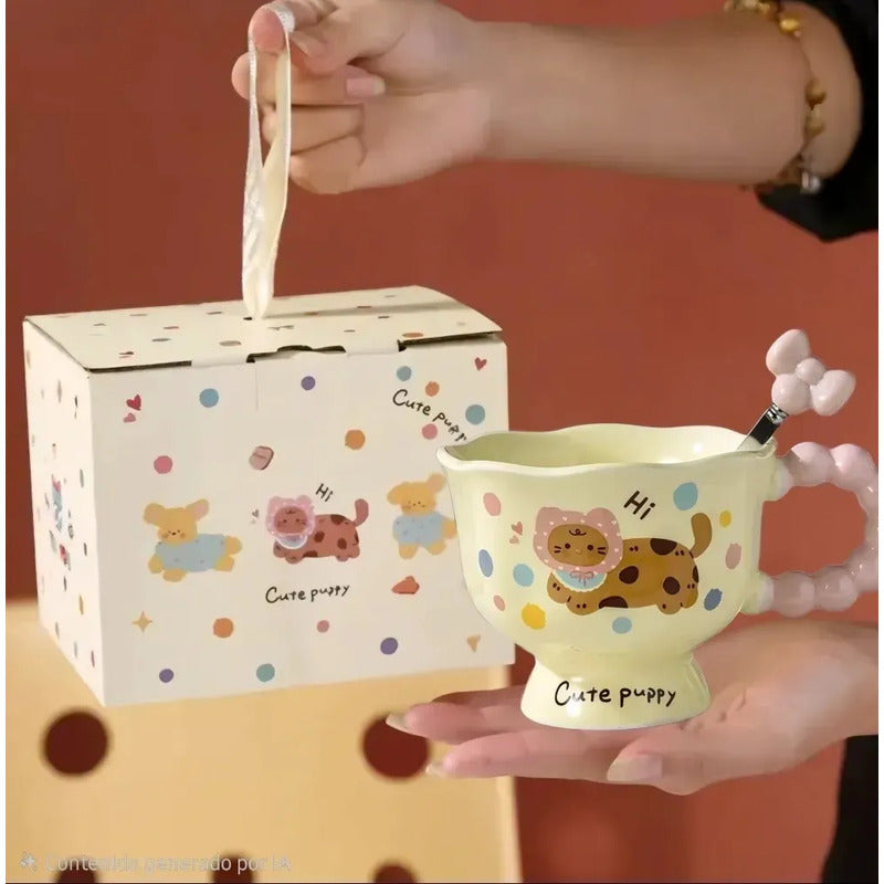 Tazón Cerámica Kawaii Mango Perlas Gato Cuchara Caja Regalo Crema Mk-01 Mod2 Cute Puppy