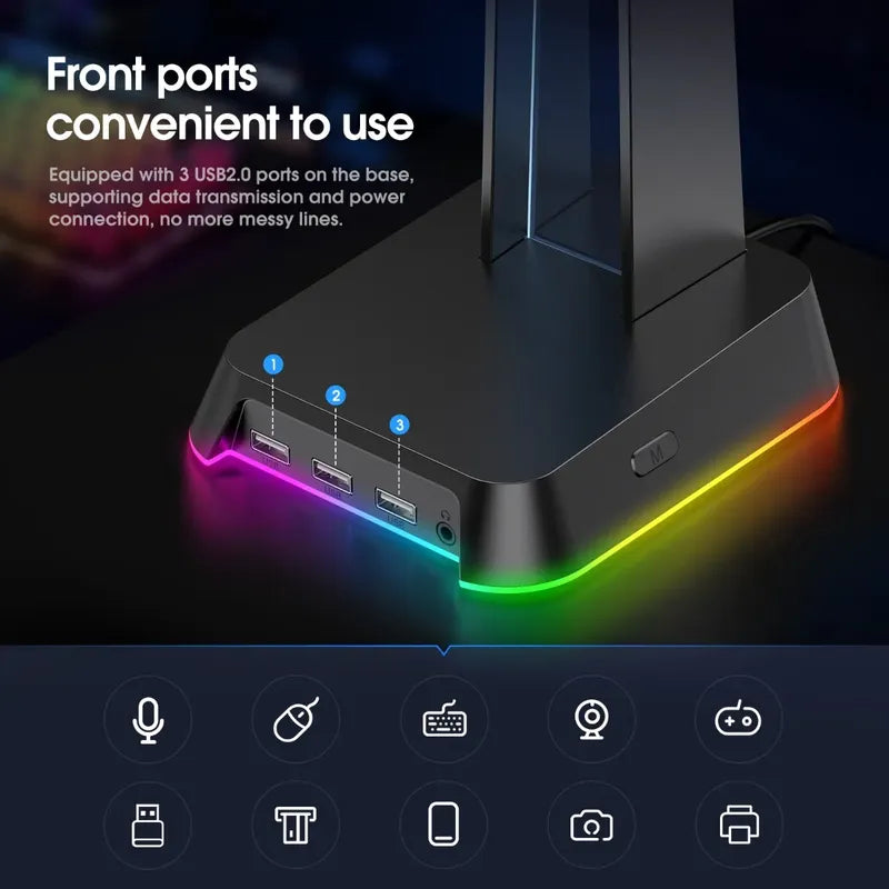Stand De Audifonos Onikuma St2 Con Luz 3puertos Usb + 3.5mm