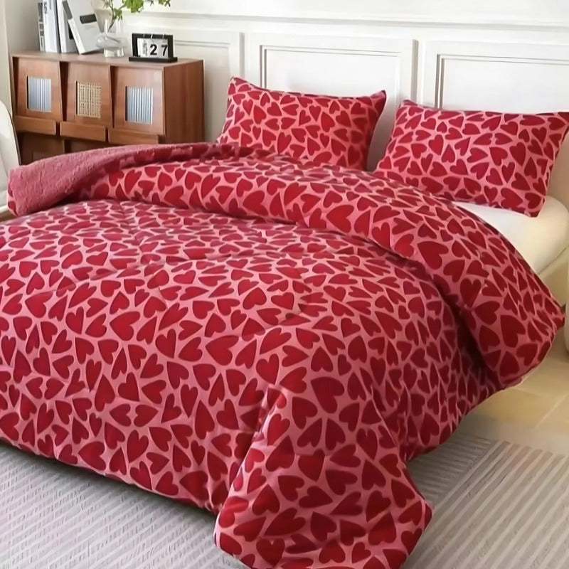 Plumón Cobertor Cubrecama Plush Chiporro Funda 2p Diseños Rojo Mod1 Corazones