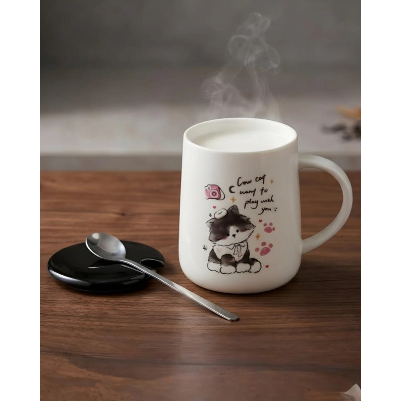 Tazón Cerámica Gatito Lindo Con Tapa Y Cuchara Kawaii Cute Blanco Mk-212 D