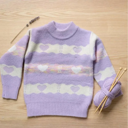 Sweater De Niña Tejido Cuello Alto Suéter Caliente Polerón Lila 211 Corazones 130