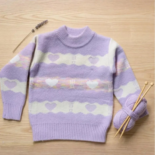 Sweater De Niña Tejido Cuello Alto Suéter Caliente Polerón Lila 211 Corazones 130
