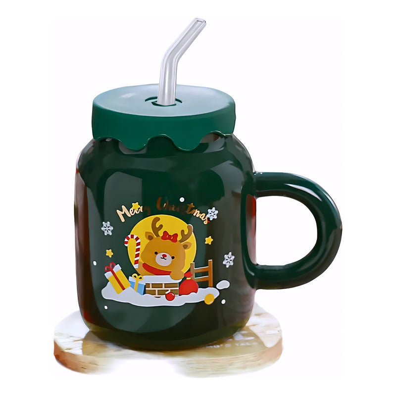 Taza De Navidad Tapa Silicon Bombilla Cristal Bebida Fría Ca