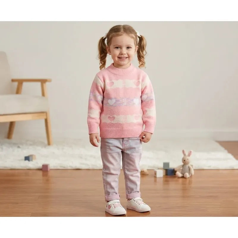 Sweater De Niña Tejido Cuello Alto Suéter Caliente Polerón Rosa 211 Corazones 130
